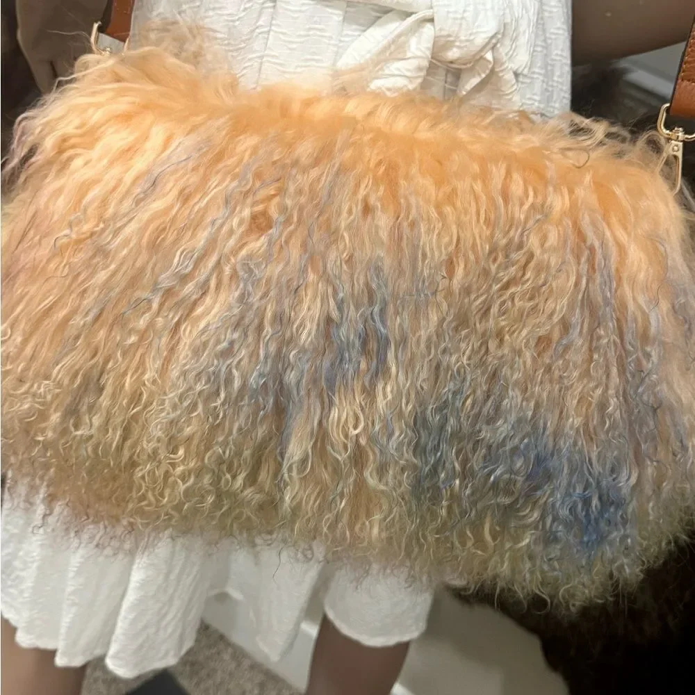Colorful Real Mongolian Lamb Fur Handmade Boho Style, Fold Over Flap Handbag